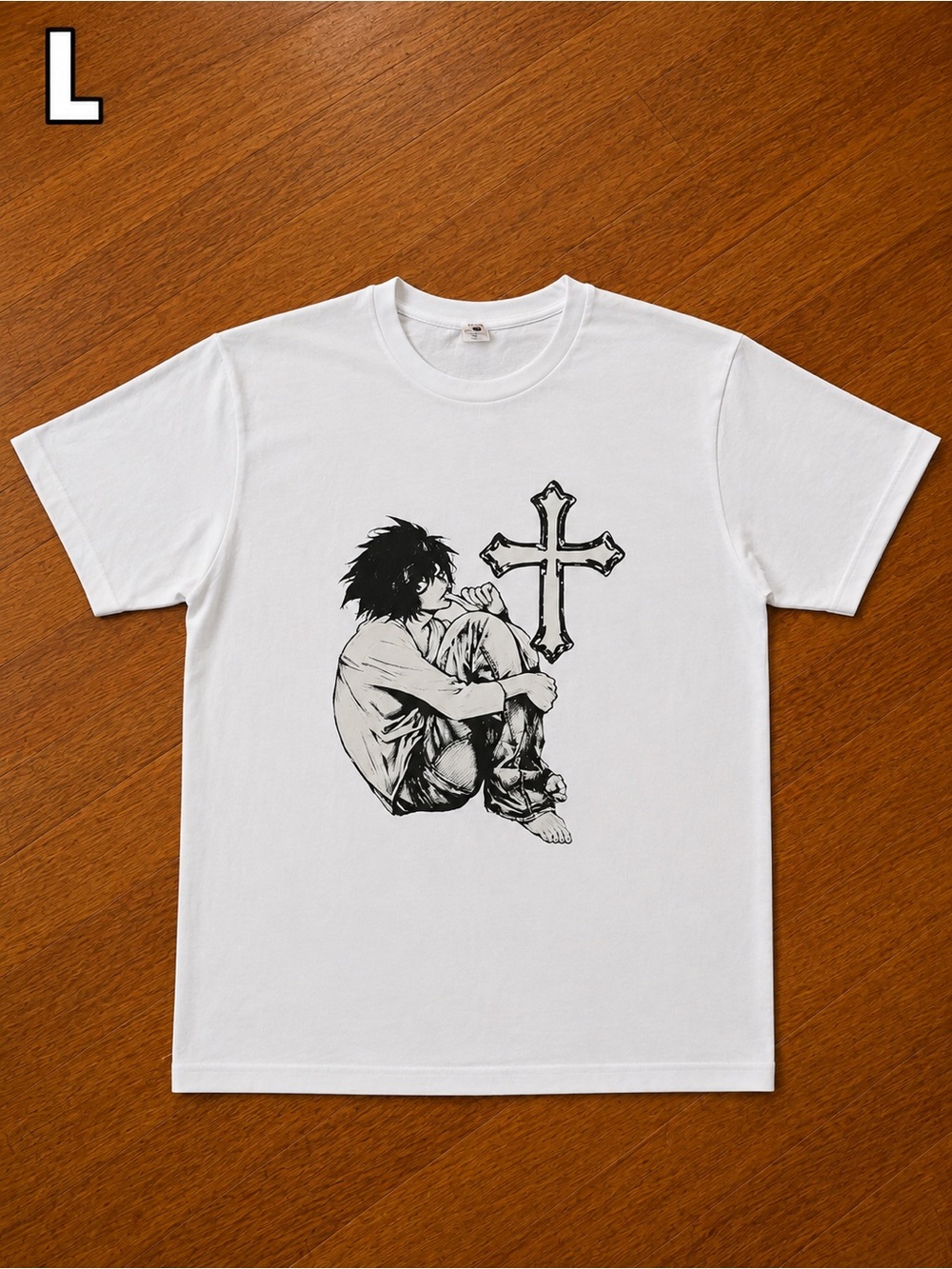 White Graphic Crewneck T-Shirt with Black Anime Cross Design